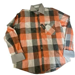 Avanti Uomo Mens Plaid Button Shirt L 16.5 Gray Orange Cotton NWT